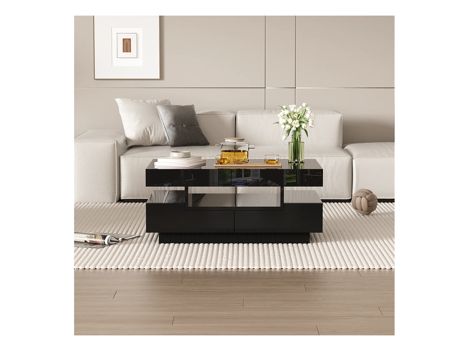 Table basse haute brillance avec LED, quatre tiroirs, grande capacité de rangement (80x50x36 cm)