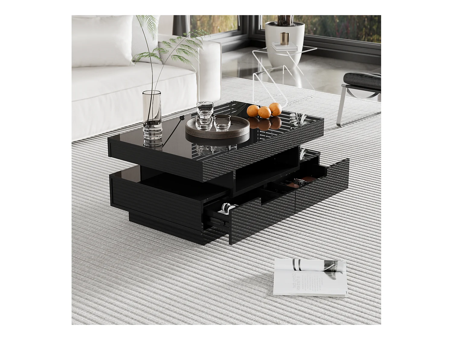 Table basse haute brillance avec LED, quatre tiroirs, grande capacité de rangement (80x50x36 cm)