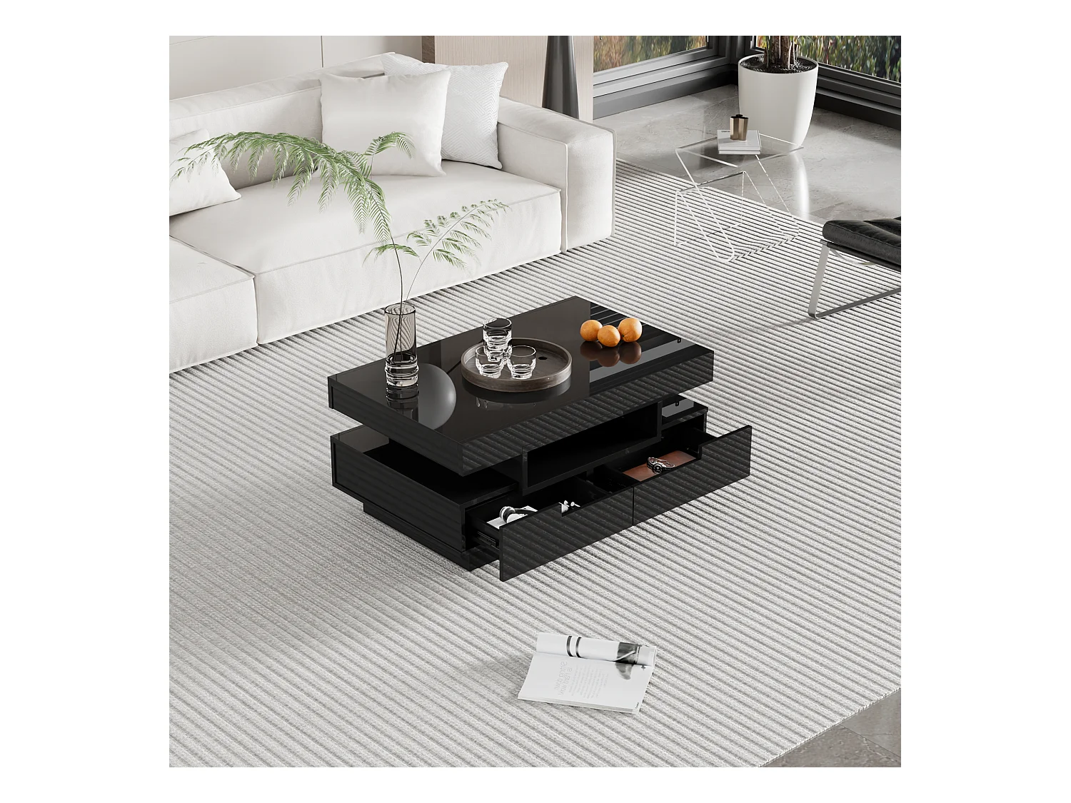 Table basse haute brillance avec LED, quatre tiroirs, grande capacité de rangement (80x50x36 cm)