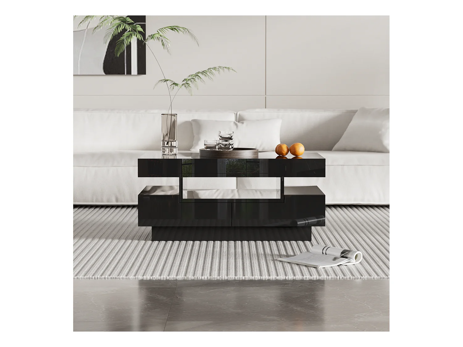 Table basse haute brillance avec LED, quatre tiroirs, grande capacité de rangement (80x50x36 cm)
