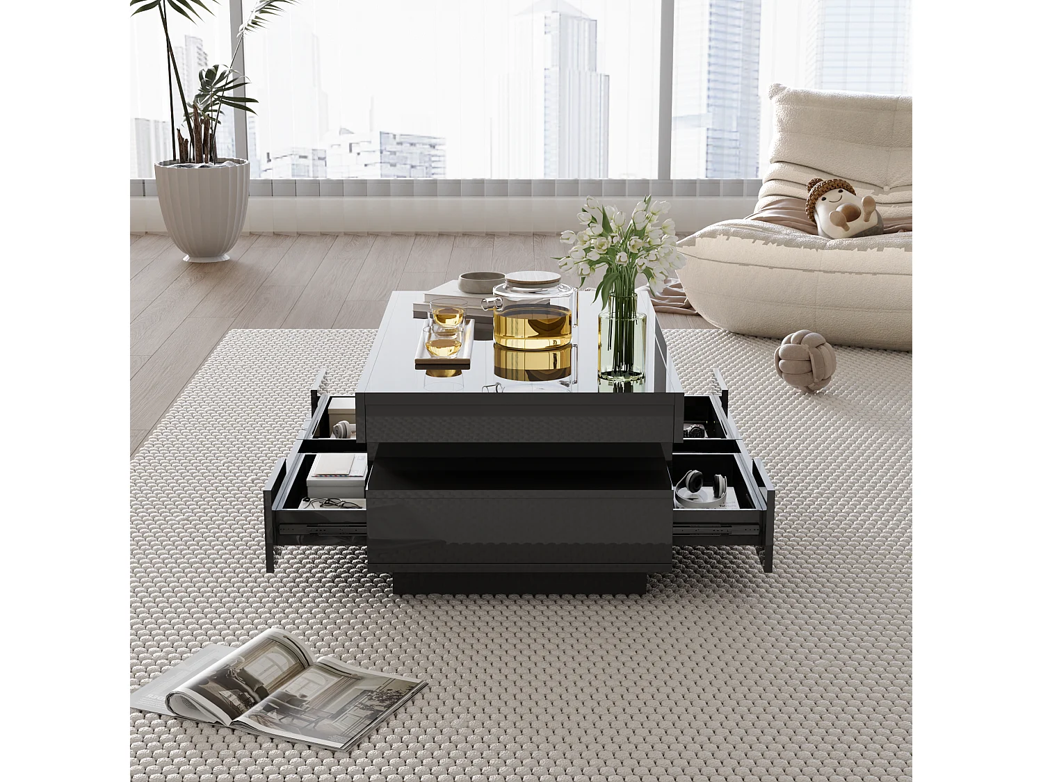 Table basse haute brillance avec LED, quatre tiroirs, grande capacité de rangement (80x50x36 cm)