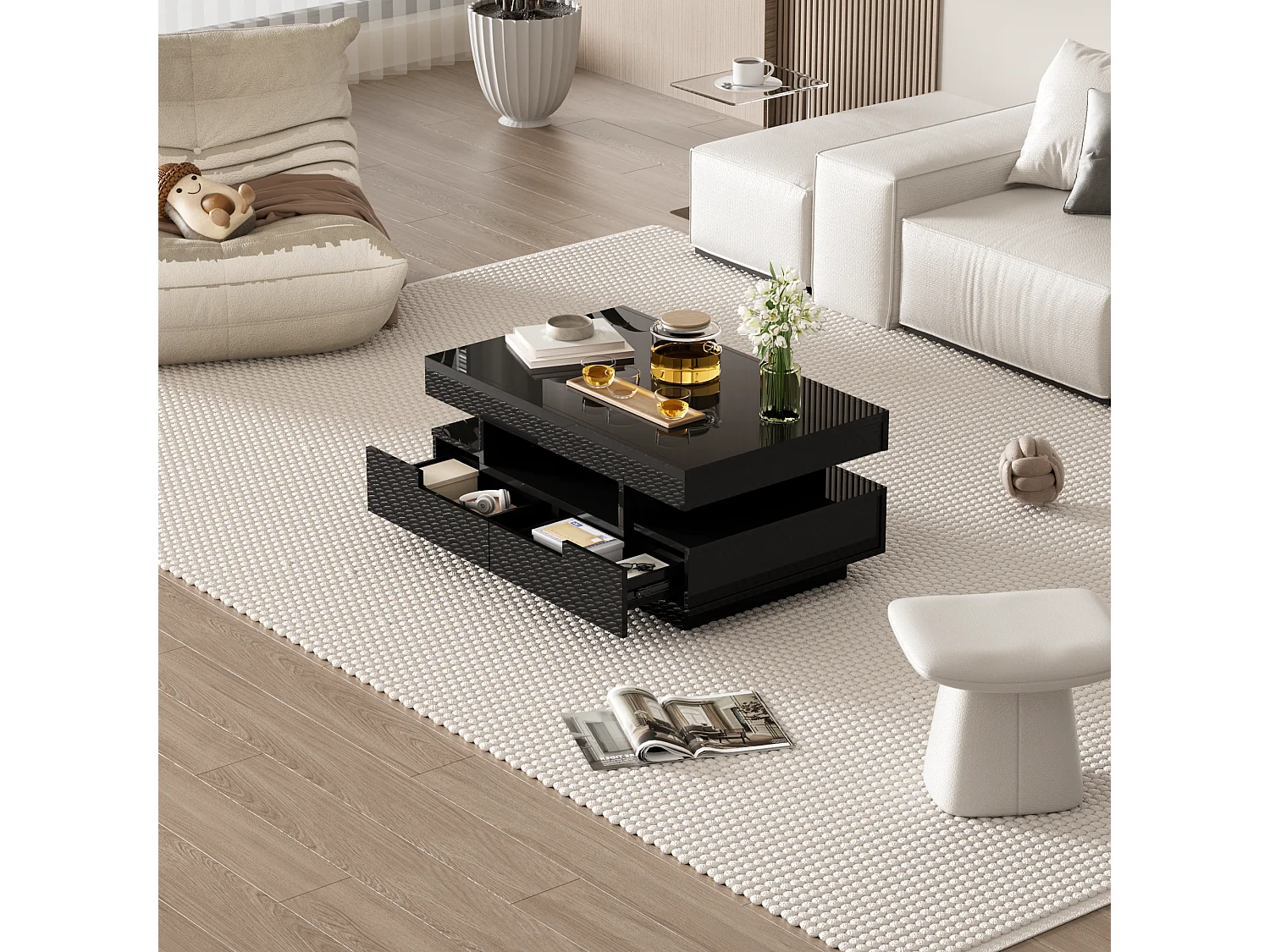 Table basse haute brillance avec LED, quatre tiroirs, grande capacité de rangement (80x50x36 cm)