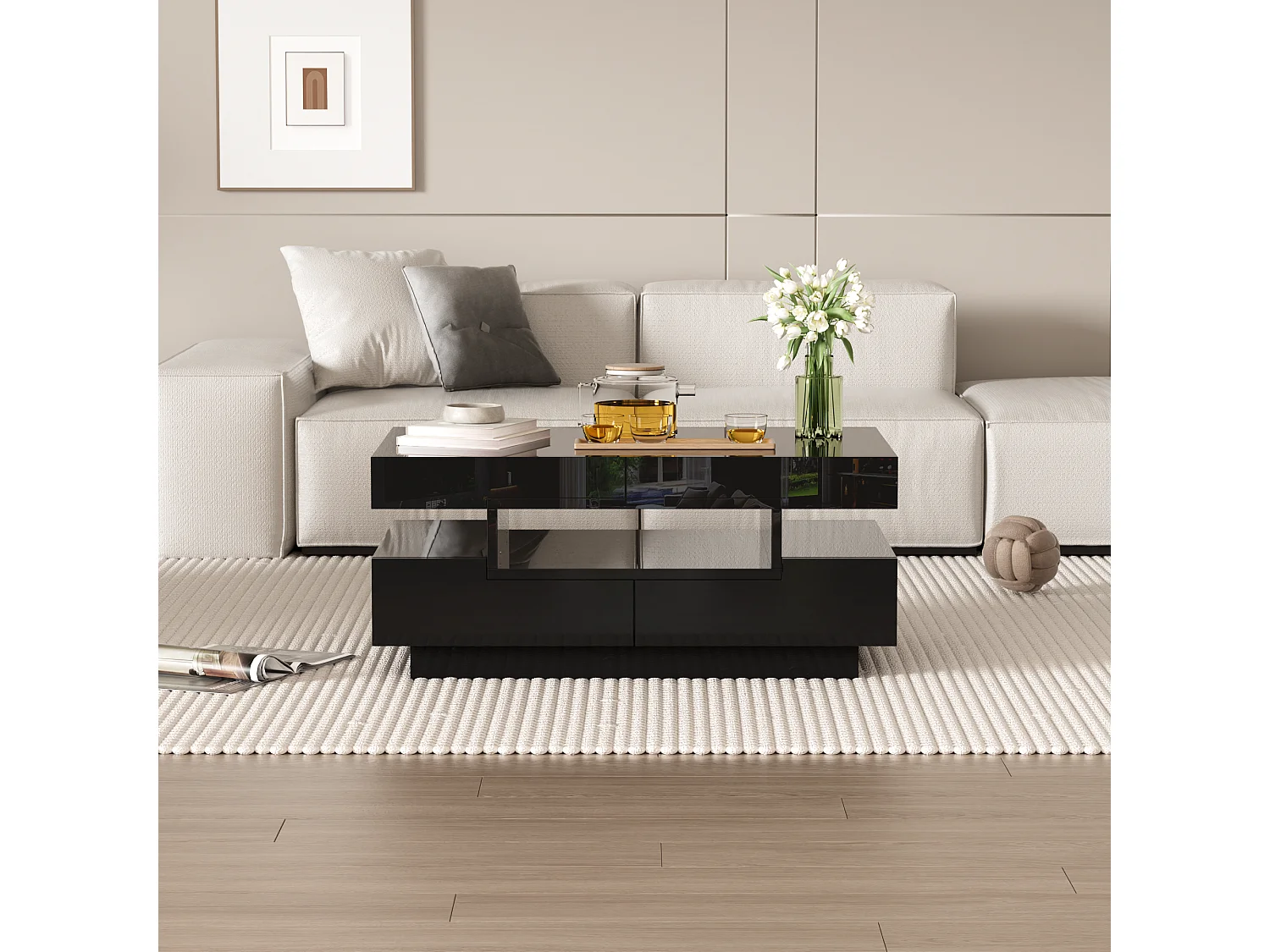 Table basse haute brillance avec LED, quatre tiroirs, grande capacité de rangement (80x50x36 cm)