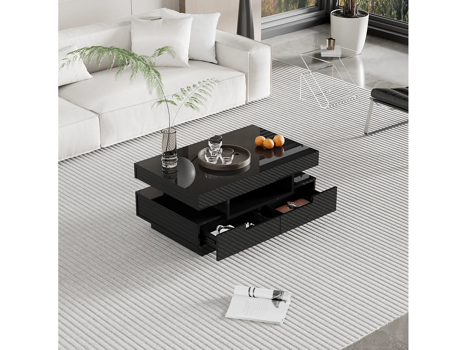 Table basse haute brillance avec LED, quatre tiroirs, grande capacité de rangement (80x50x36 cm)