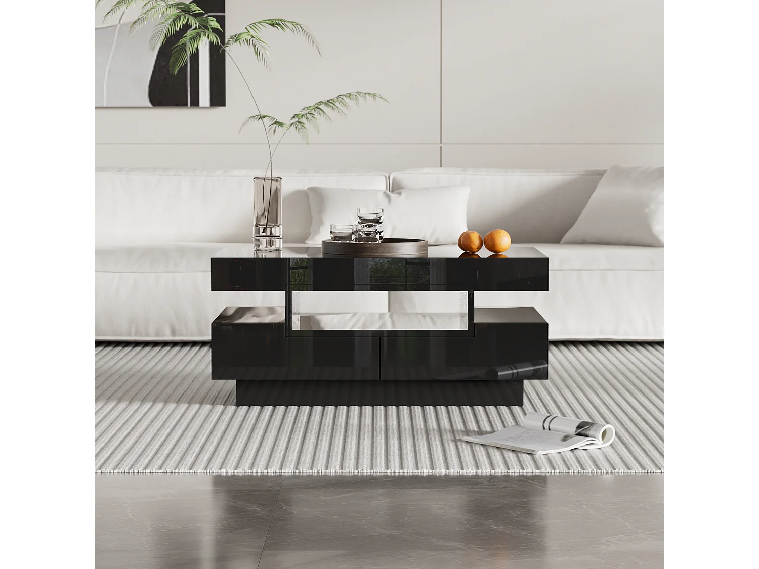 Table basse haute brillance avec LED, quatre tiroirs, grande capacité de rangement (80x50x36 cm)