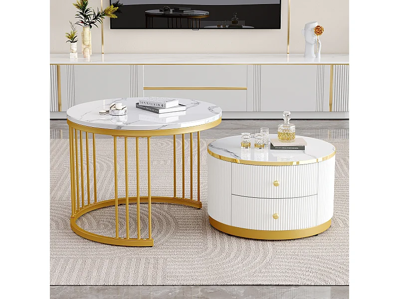 Ronde salontafel met glanzende marmeren afwerking, 2 lades, MDF, wit (60x60x45,5 cm en 50x50x32 cm)