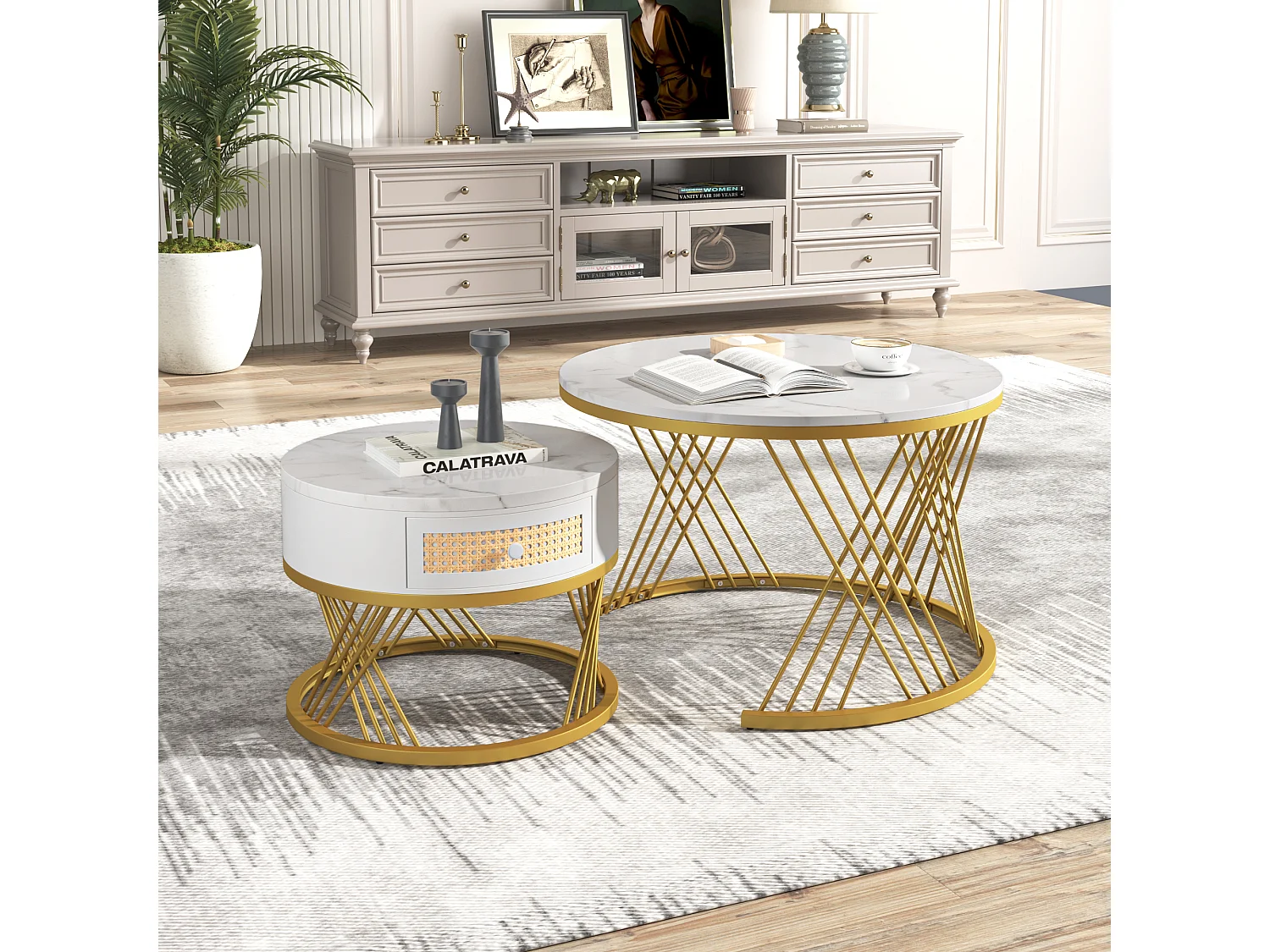 Table basse 2-en-1 ronde en MDF, avec plateau en marbre, tiroirs en rotin plastique, poignées en bois massif et pieds en métal doré (70x70x45.5+50x50x38.5 cm)