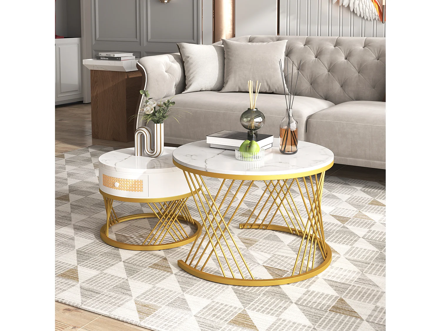 Table basse 2-en-1 ronde en MDF, avec plateau en marbre, tiroirs en rotin plastique, poignées en bois massif et pieds en métal doré (70x70x45.5+50x50x38.5 cm)