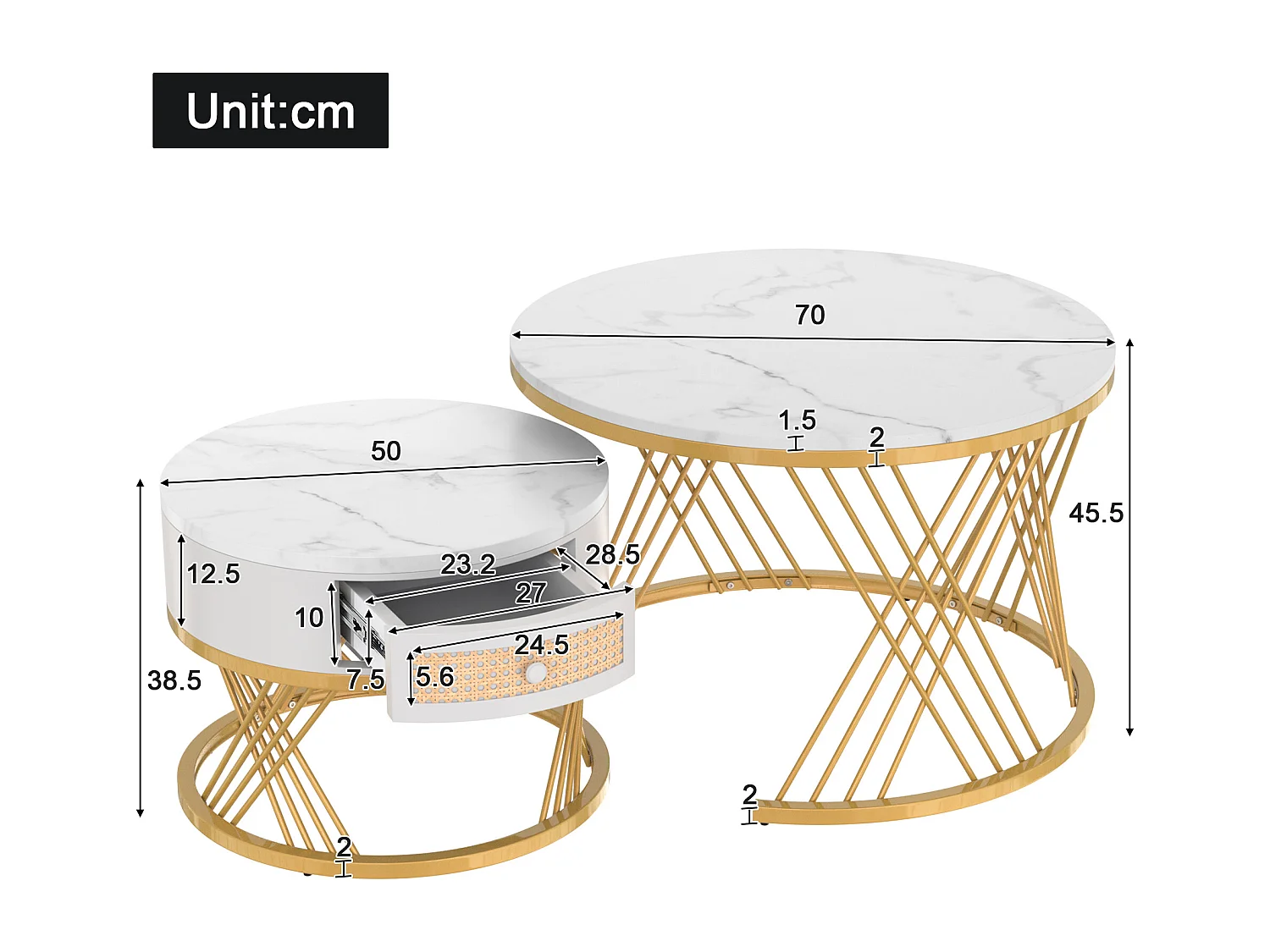 Table basse 2-en-1 ronde en MDF, avec plateau en marbre, tiroirs en rotin plastique, poignées en bois massif et pieds en métal doré (70x70x45.5+50x50x38.5 cm)