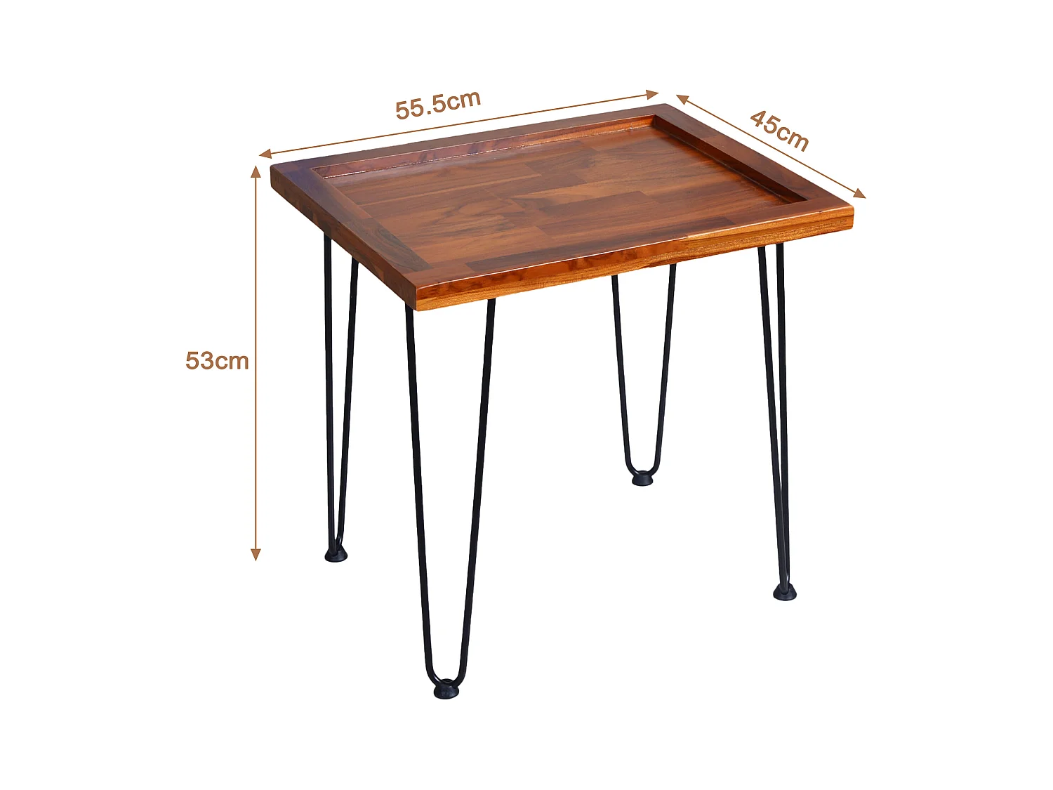 Table basse grande en acajou massif, motif feuille, pieds en fer laqué naturel (55.7x44.7x52.9 cm)