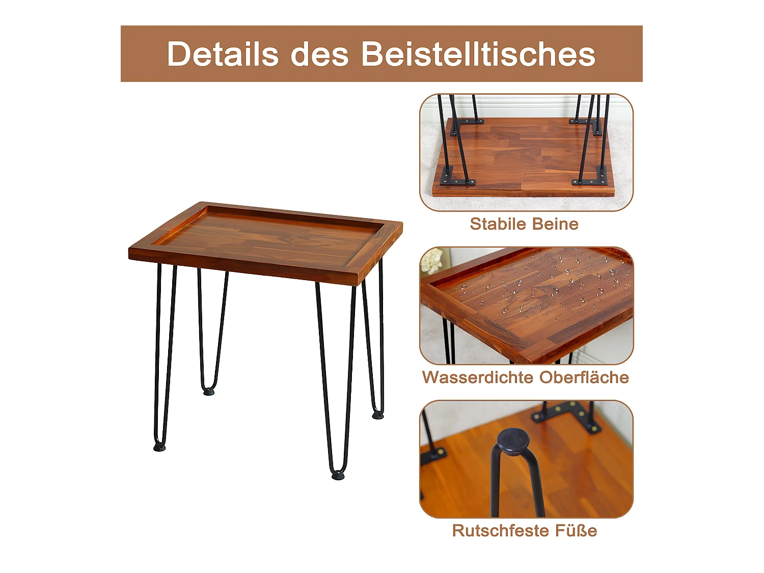 Table basse grande en acajou massif, motif feuille, pieds en fer laqué naturel (55.7x44.7x52.9 cm)