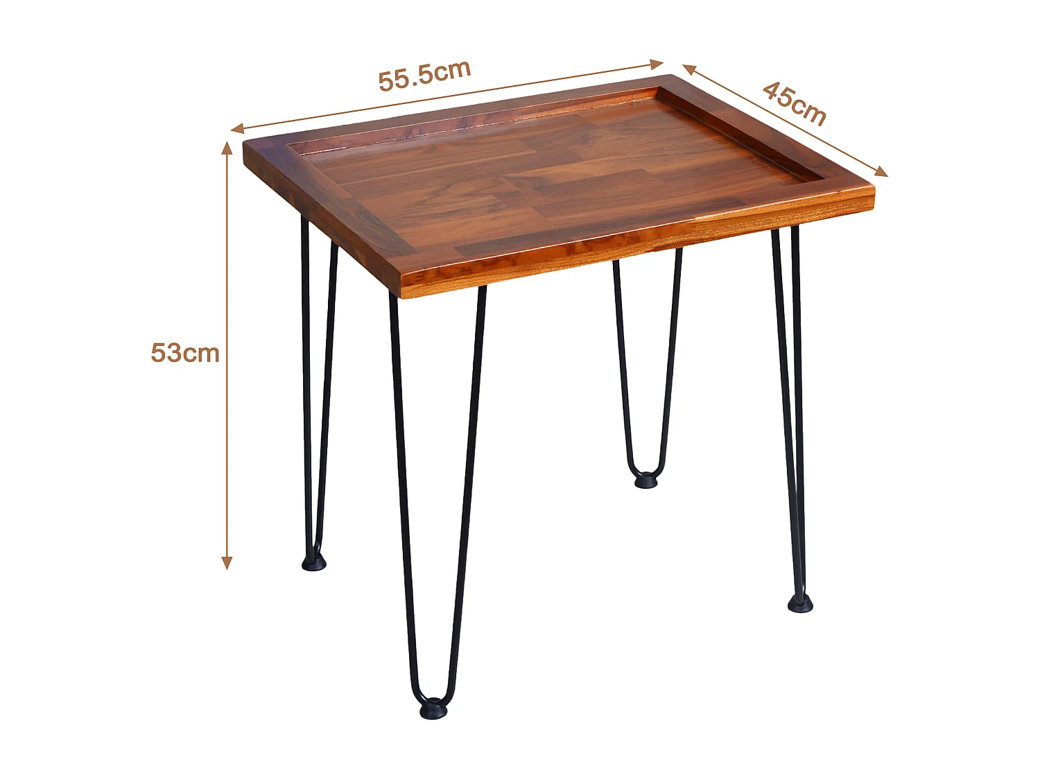 Table basse grande en acajou massif, motif feuille, pieds en fer laqué naturel (55.7x44.7x52.9 cm)