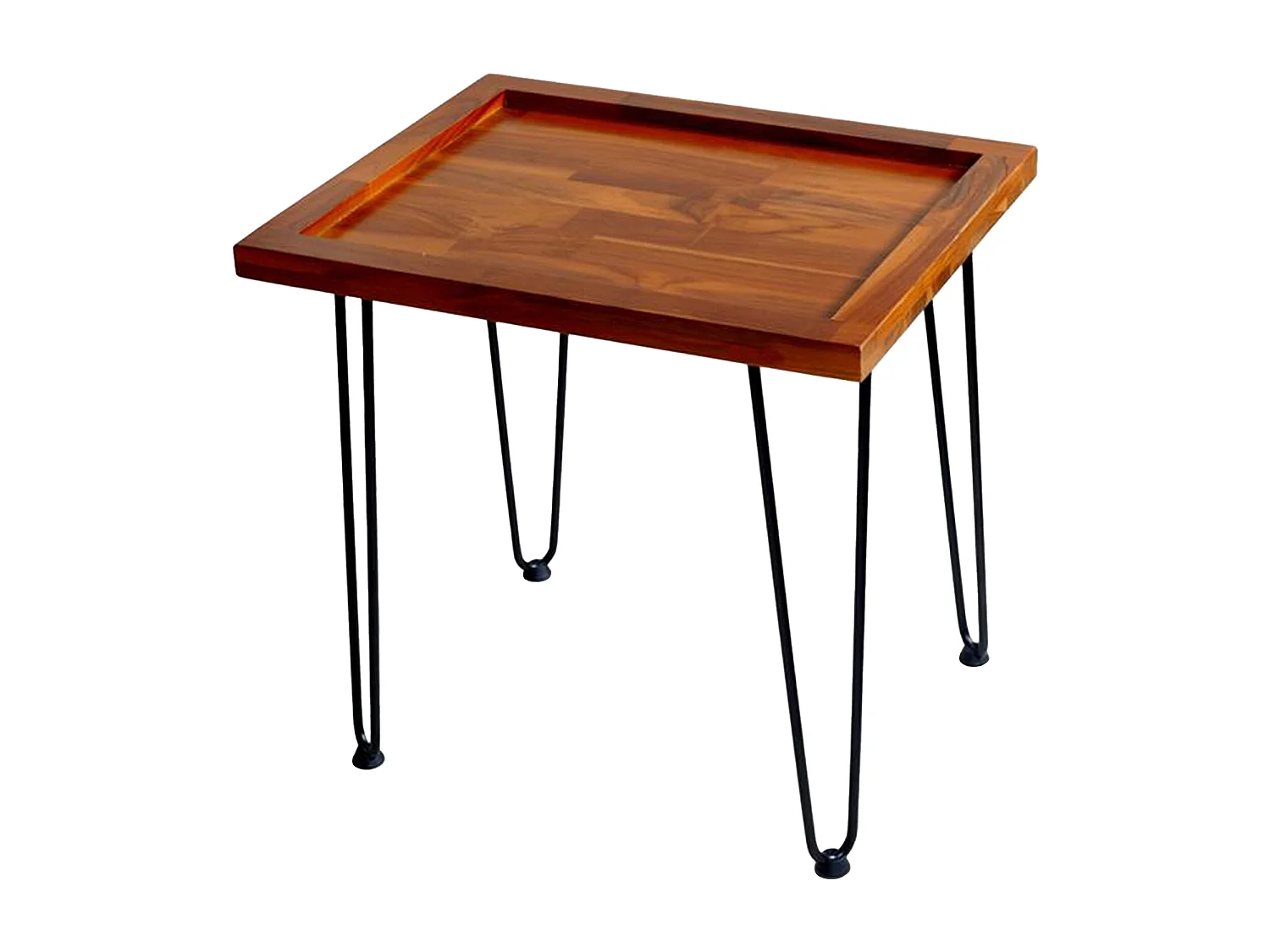 Table basse grande en acajou massif, motif feuille, pieds en fer laqué naturel (55.7x44.7x52.9 cm)