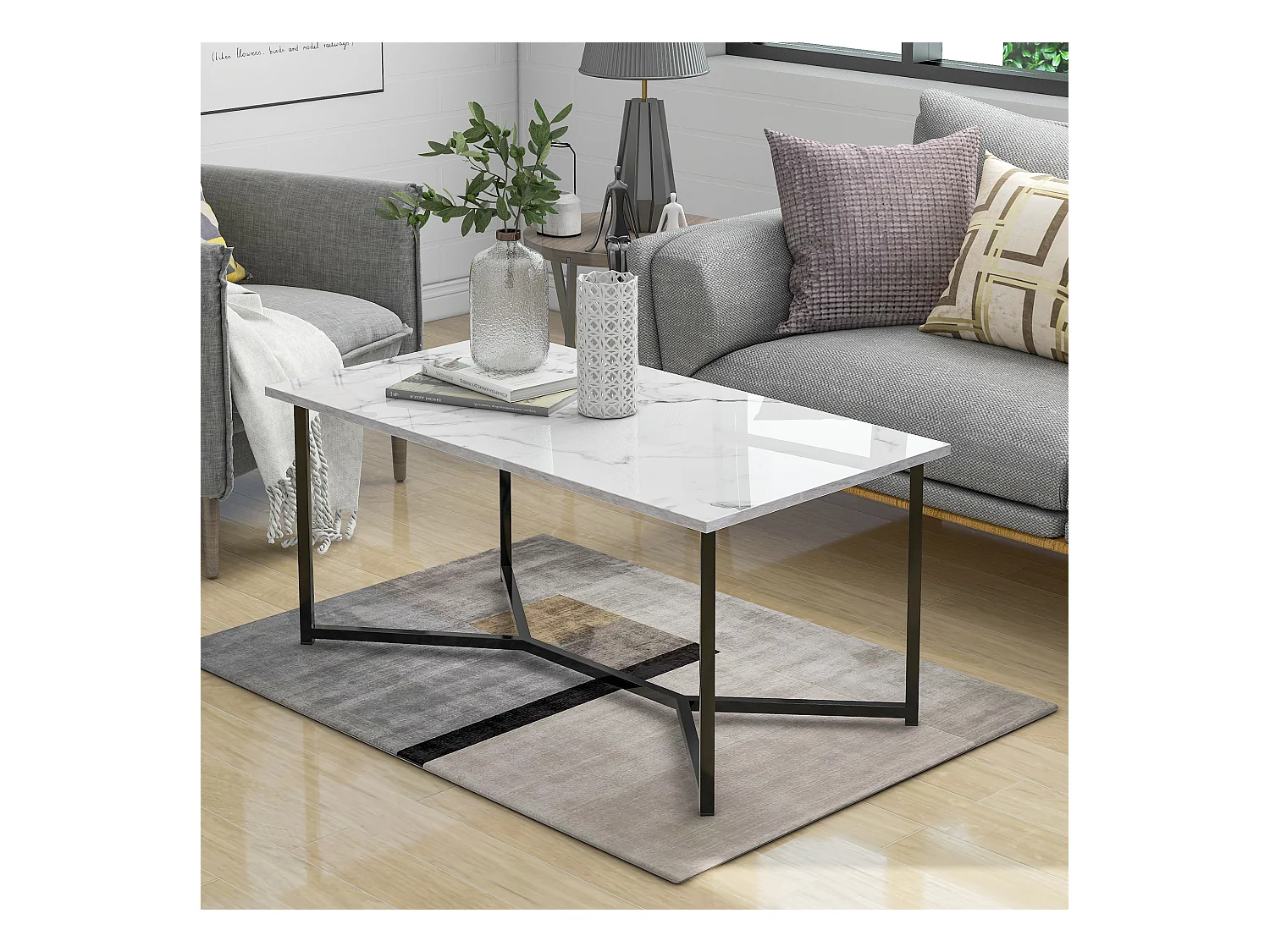 Table basse rectangulaire style Mid Century Modern, plateau plaqué marbre, MDF, blanc (106x55x45cm)