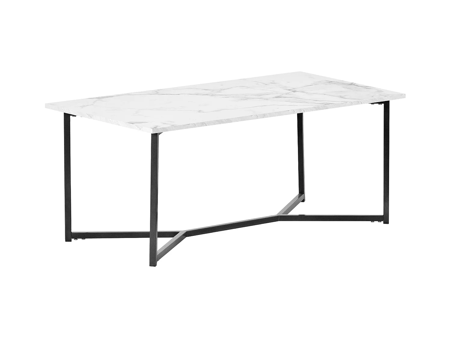 Table basse rectangulaire style Mid Century Modern, plateau plaqué marbre, MDF, blanc (106x55x45cm)