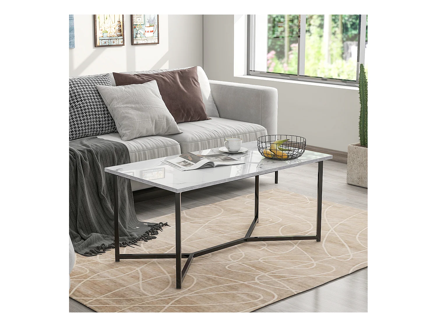 Table basse rectangulaire style Mid Century Modern, plateau plaqué marbre, MDF, blanc (106x55x45cm)