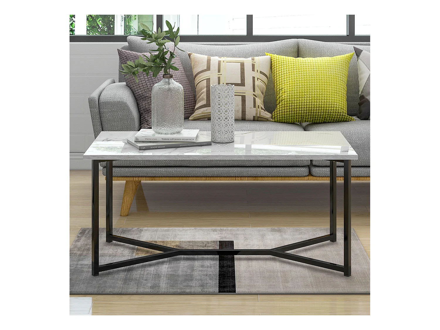 Table basse rectangulaire style Mid Century Modern, plateau plaqué marbre, MDF, blanc (106x55x45cm)