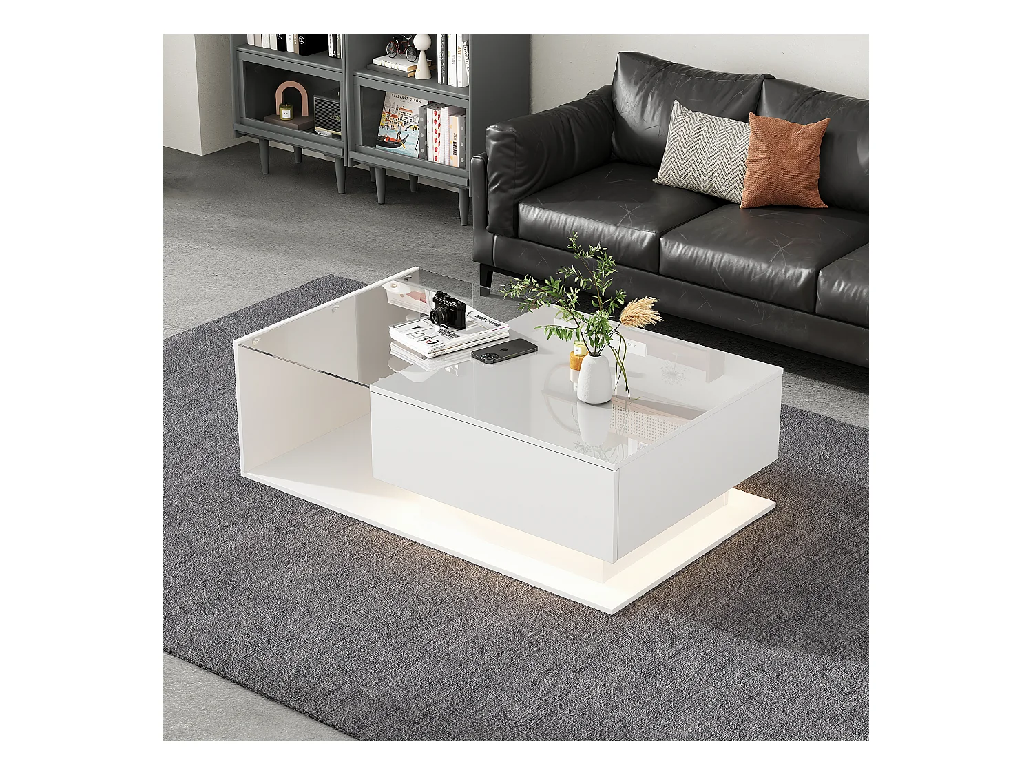 Tavolino laccato bianco con 1 cassetto e illuminazione a LED, design moderno, con piano in vetro, 100x50x32 cm (bianco)