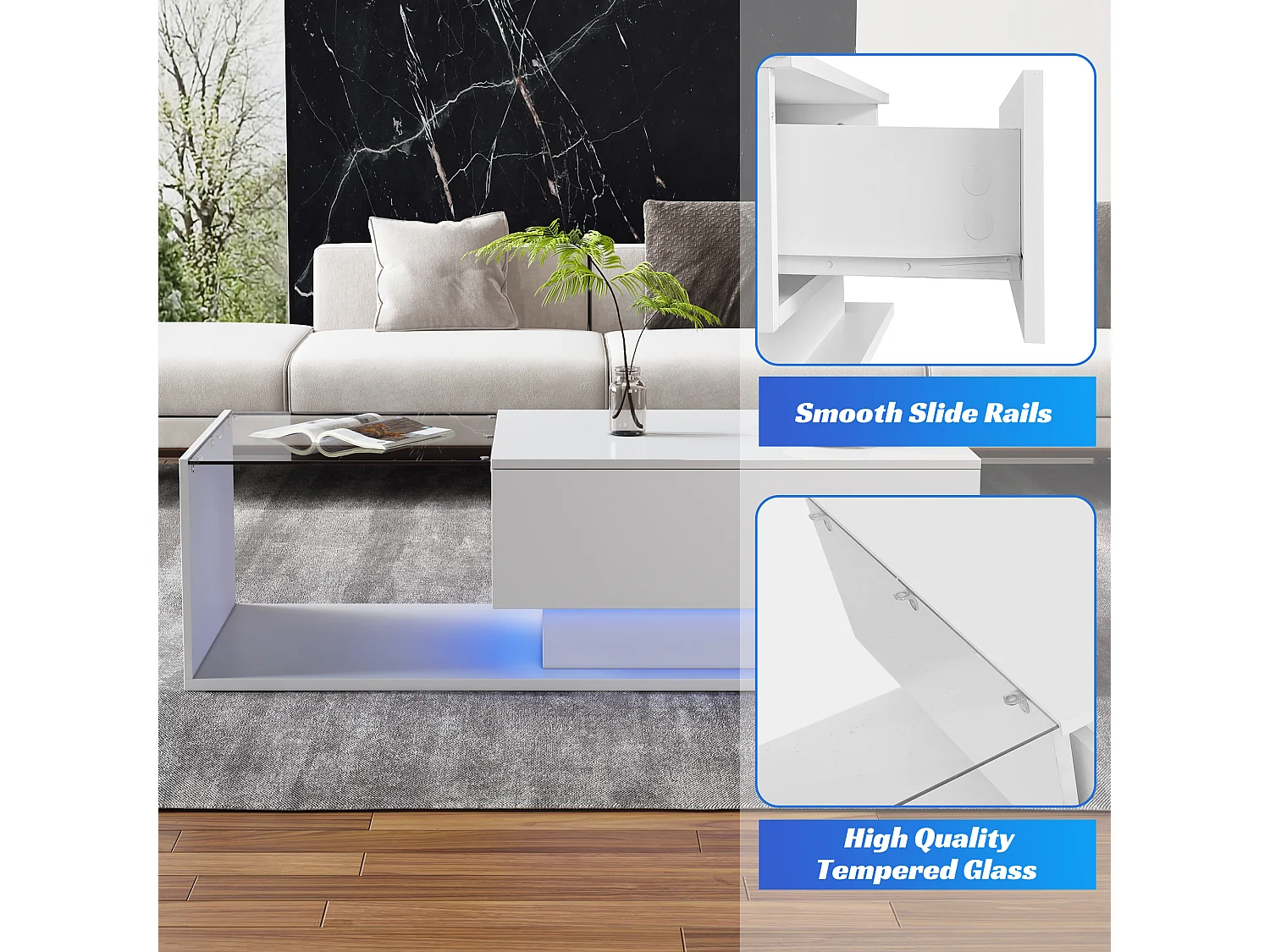 Tavolino laccato bianco con 1 cassetto e illuminazione a LED, design moderno, con piano in vetro, 100x50x32 cm (bianco)