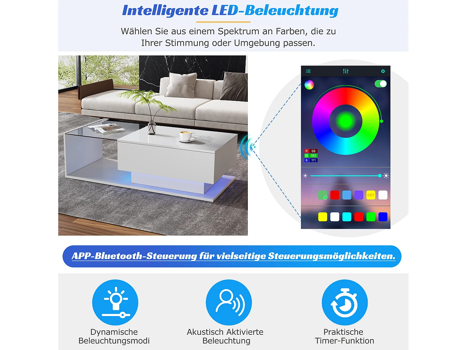 Tavolino laccato bianco con 1 cassetto e illuminazione a LED, design moderno, con piano in vetro, 100x50x32 cm (bianco)