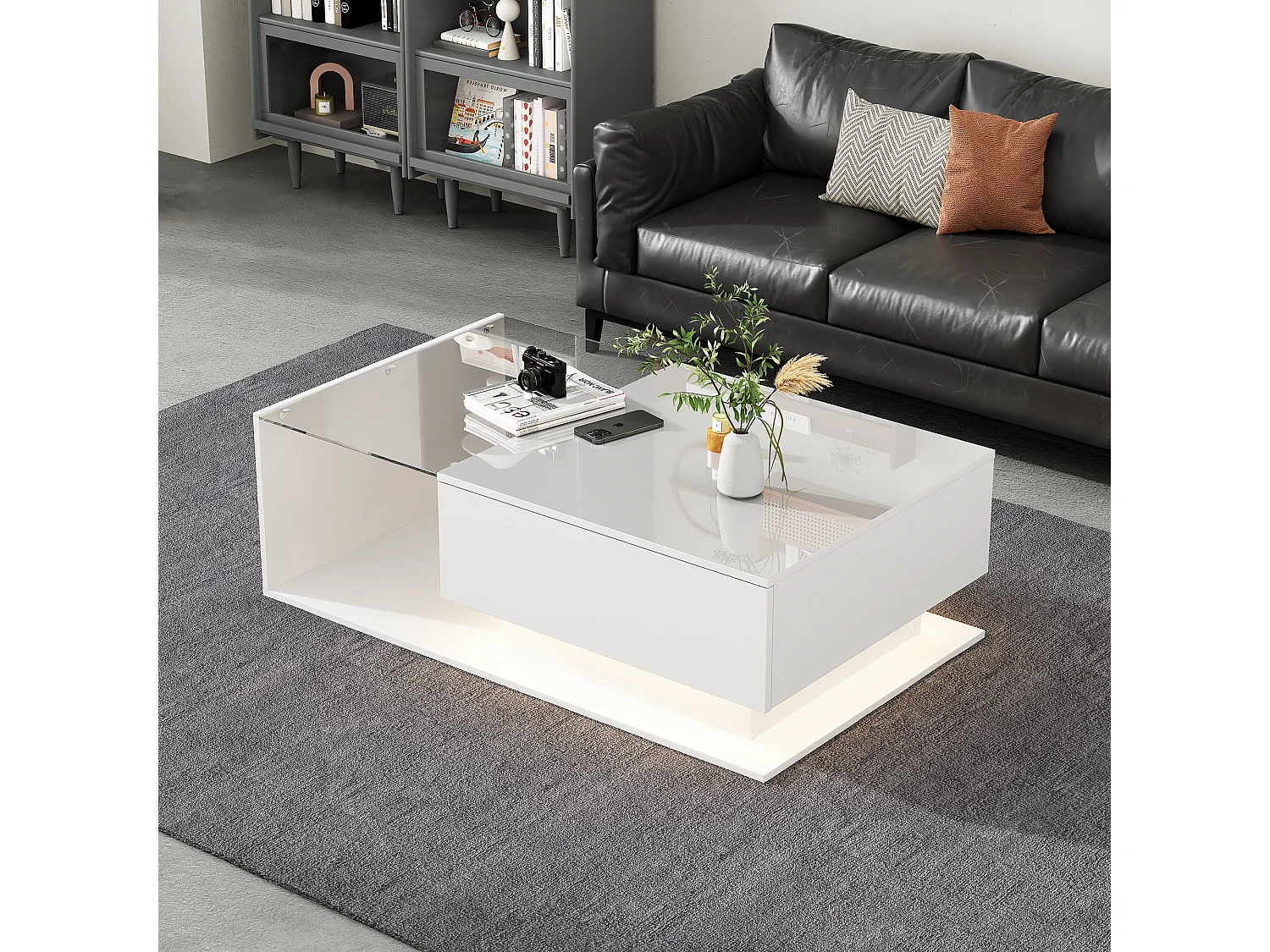 Table basse laquée blanche avec 1 tiroir et éclairage LED, design moderne, avec plateau en verre, 100x50x32 cm (blanc)
