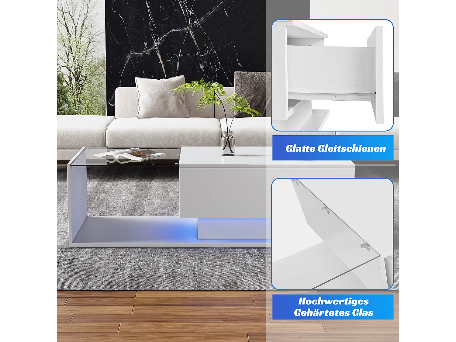 Table basse laquée blanche avec 1 tiroir et éclairage LED, design moderne, avec plateau en verre, 100x50x32 cm (blanc)