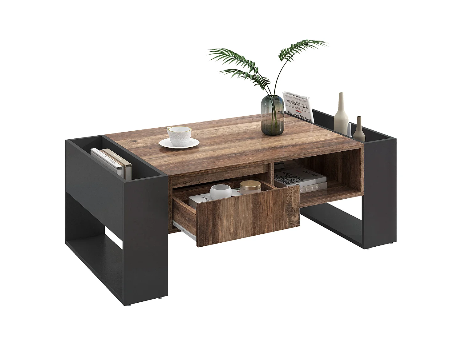 Table basse en bois, avec tiroir sans poignée, rangement avant et arrière, double stockage, MDF, gris anthracite (111x60x40 cm)