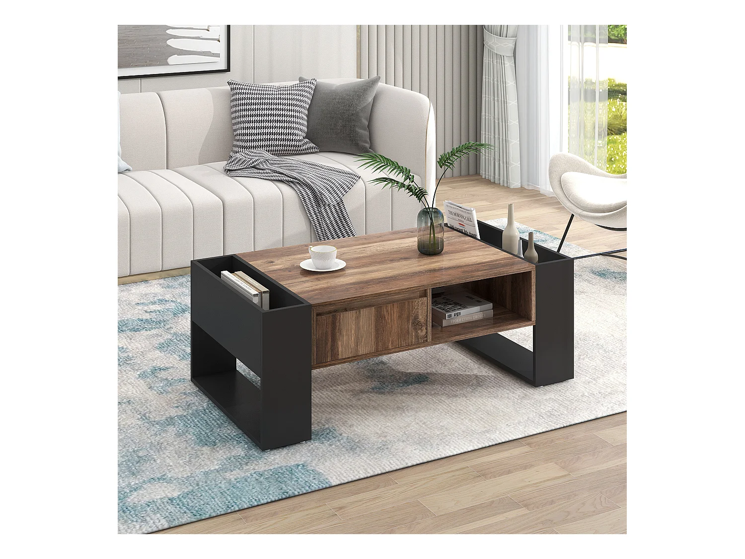 Table basse en bois, avec tiroir sans poignée, rangement avant et arrière, double stockage, MDF, gris anthracite (111x60x40 cm)