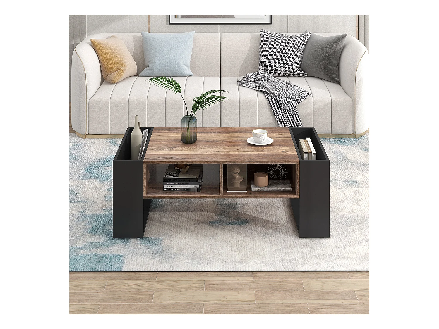 Table basse en bois, avec tiroir sans poignée, rangement avant et arrière, double stockage, MDF, gris anthracite (111x60x40 cm)