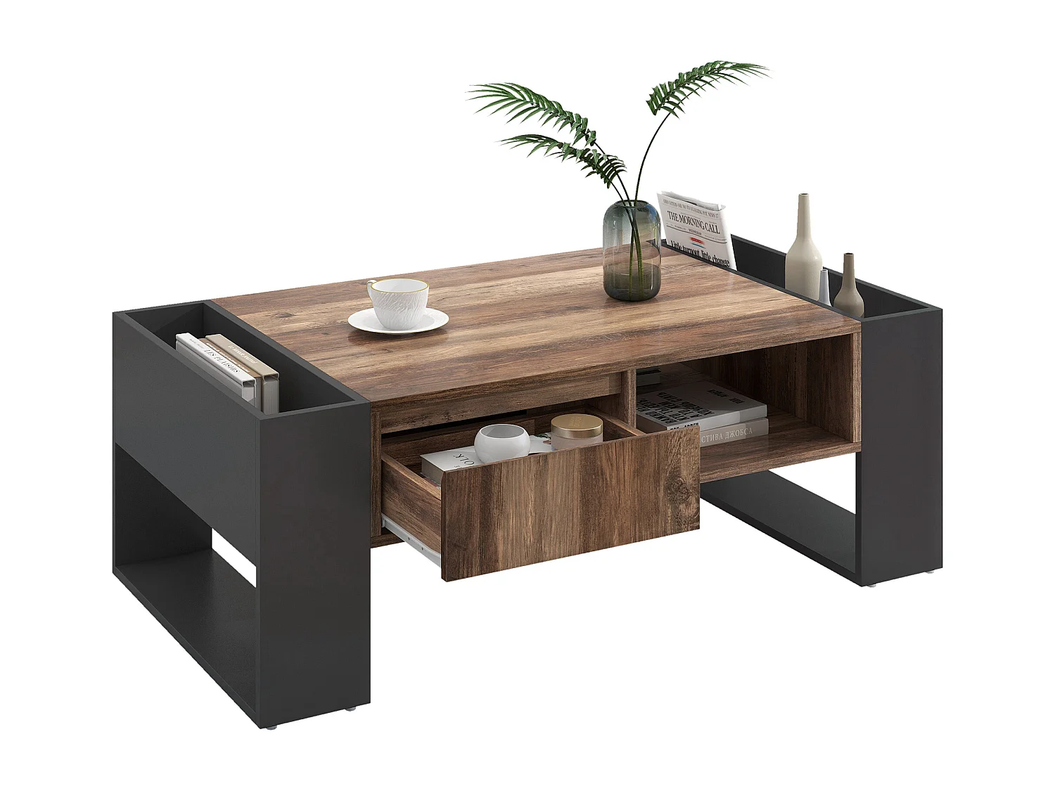 Table basse en bois, avec tiroir sans poignée, rangement avant et arrière, double stockage, MDF, gris anthracite (111x60x40 cm)