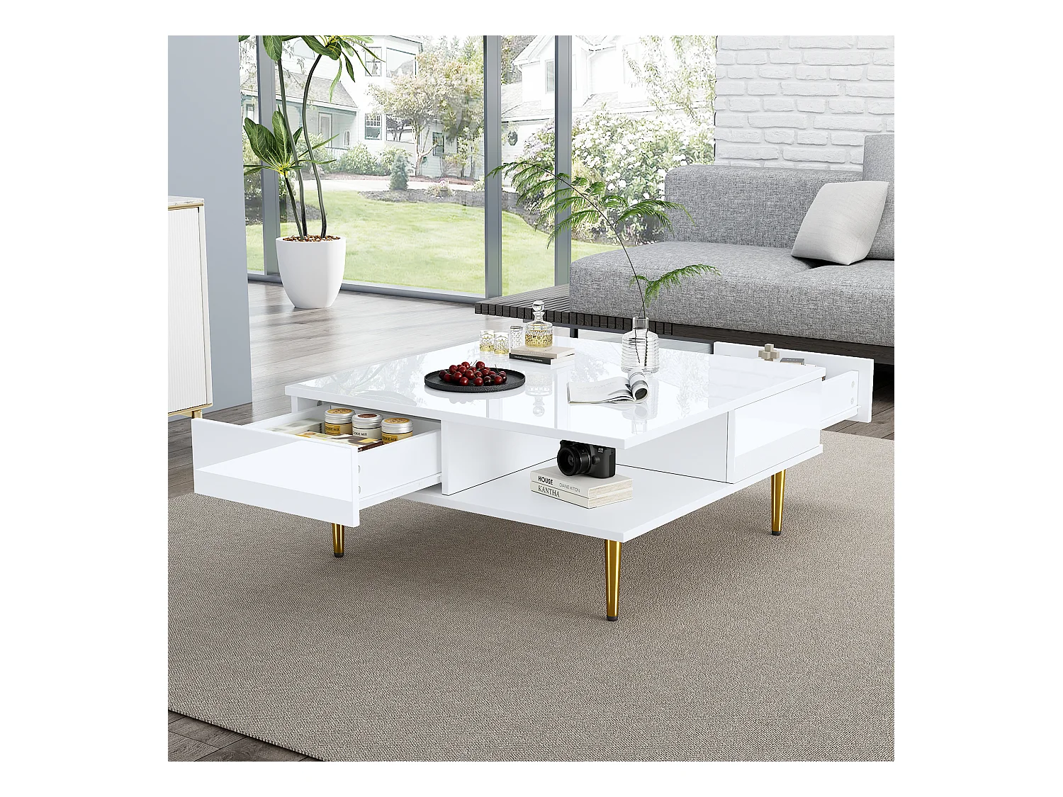 Mesa de centro cuadrada de diseño, tablero lacado blanco brillo, 2 cajones, 2 nichos abiertos, patas doradas, MDF, blanco (70x70x36cm)