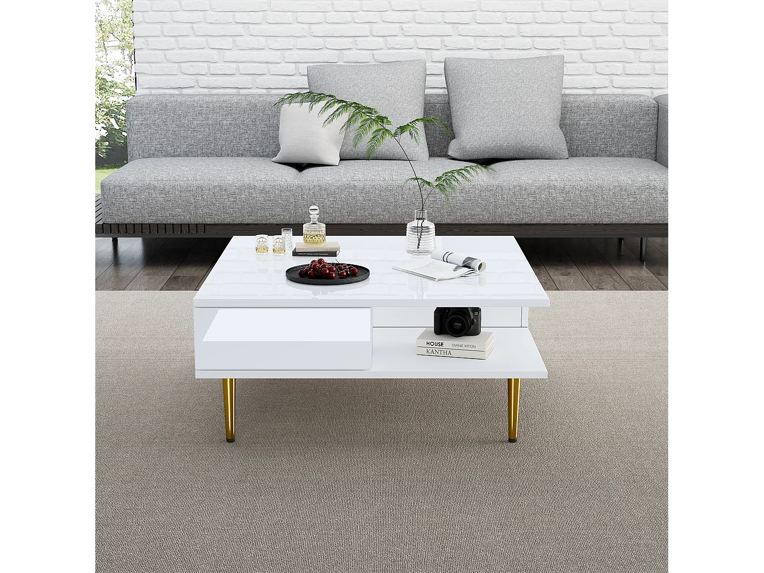 Table basse carrée design, plateau laqué blanc brillant, 2 tiroirs, 2 niches ouvertes, pieds dorés, MDF, blanc (70x70x36cm)