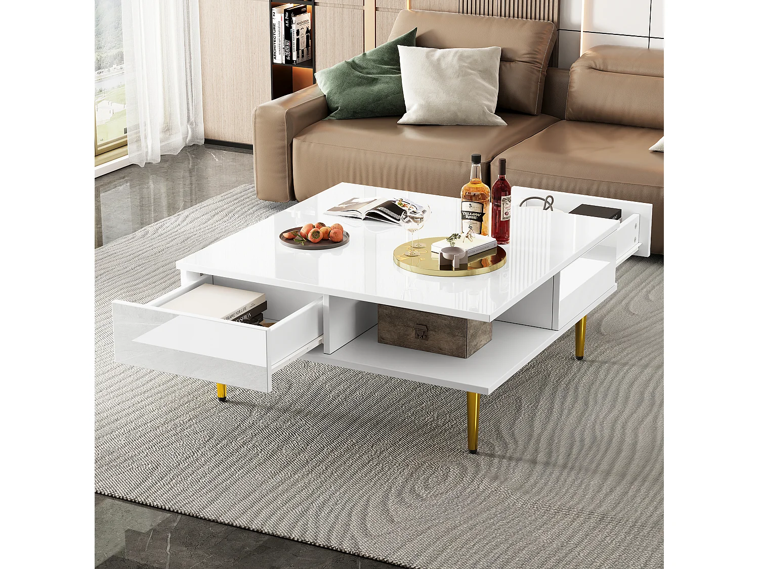Table basse carrée design, plateau laqué blanc brillant, 2 tiroirs, 2 niches ouvertes, pieds dorés, MDF, blanc (70x70x36cm)