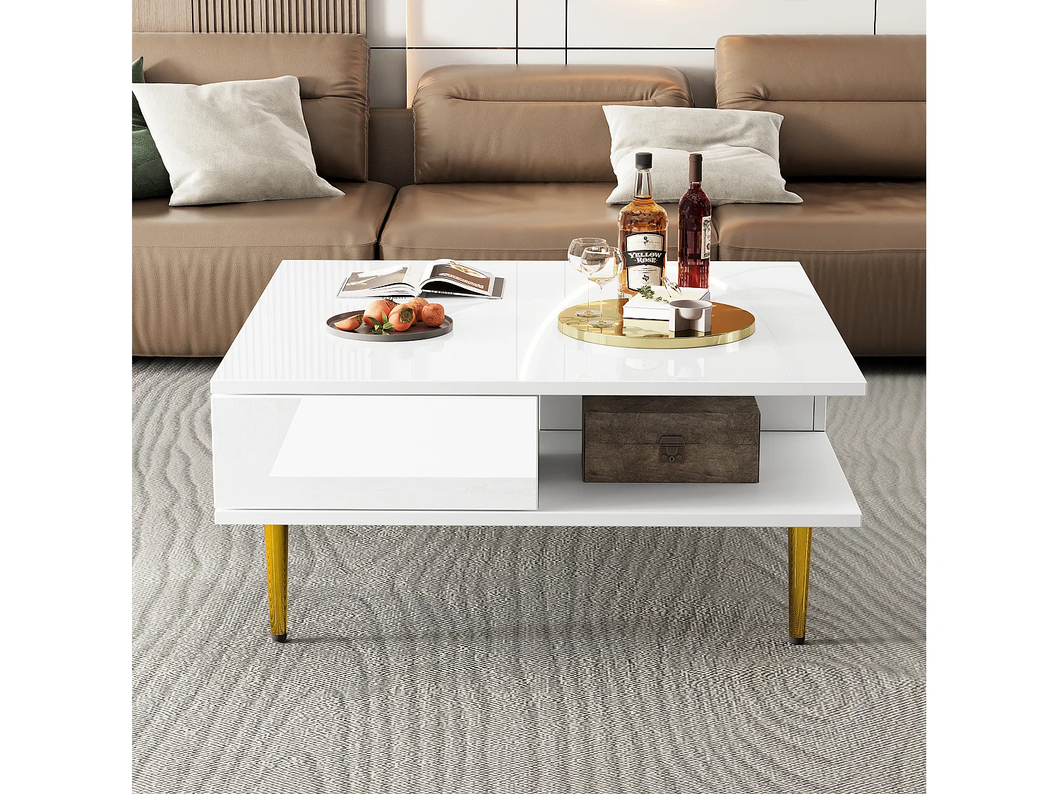 Table basse carrée design, plateau laqué blanc brillant, 2 tiroirs, 2 niches ouvertes, pieds dorés, MDF, blanc (70x70x36cm)