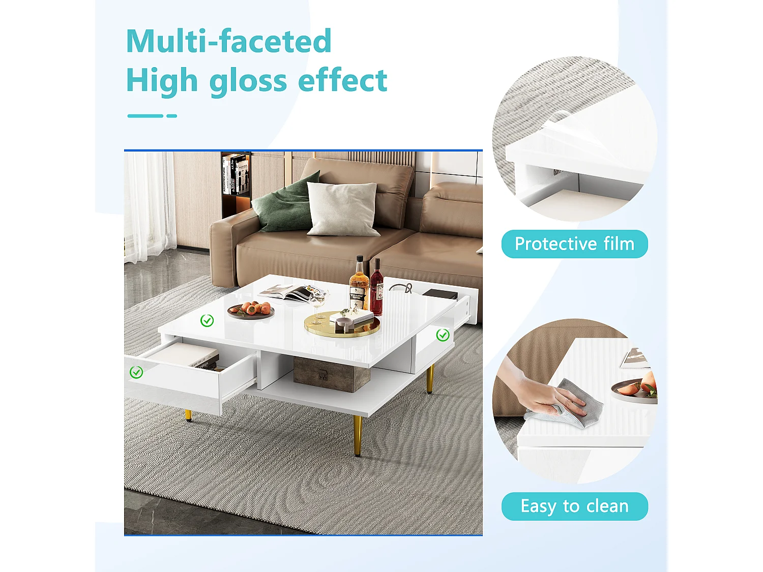 Table basse carrée design, plateau laqué blanc brillant, 2 tiroirs, 2 niches ouvertes, pieds dorés, MDF, blanc (70x70x36cm)