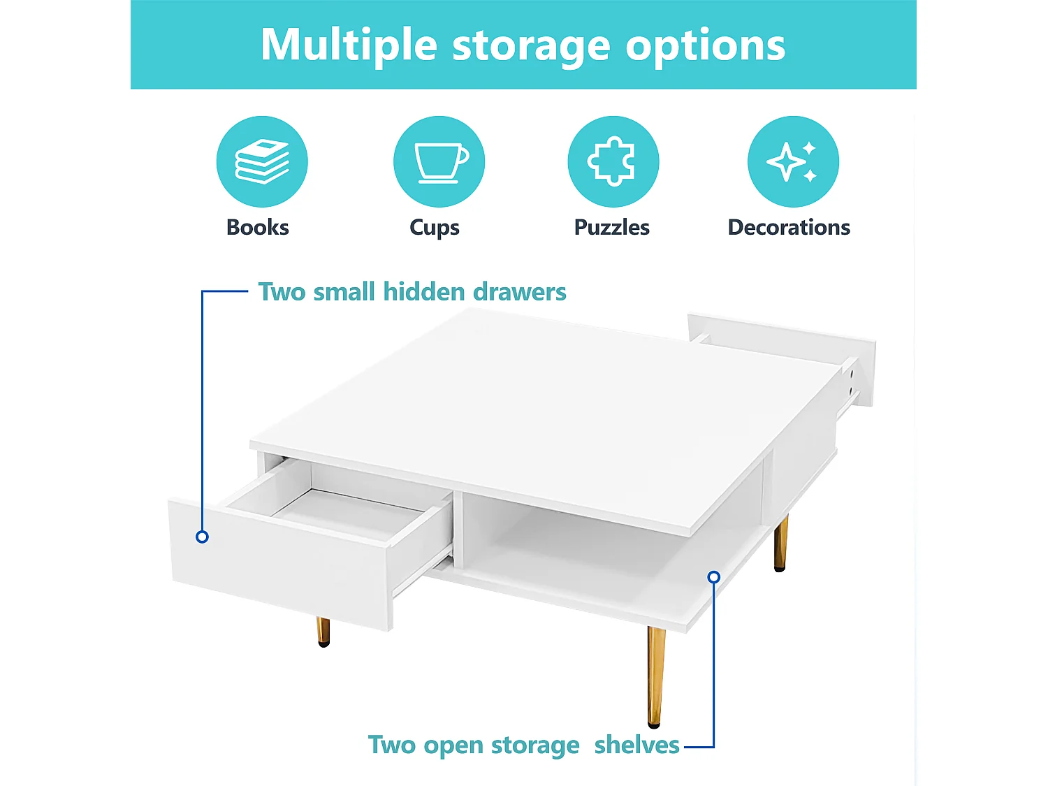 Table basse carrée design, plateau laqué blanc brillant, 2 tiroirs, 2 niches ouvertes, pieds dorés, MDF, blanc (70x70x36cm)
