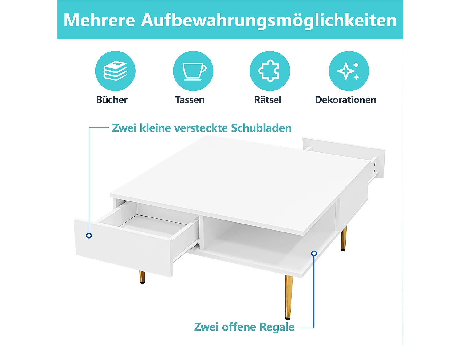 Table basse carrée design, plateau laqué blanc brillant, 2 tiroirs, 2 niches ouvertes, pieds dorés, MDF, blanc (70x70x36cm)
