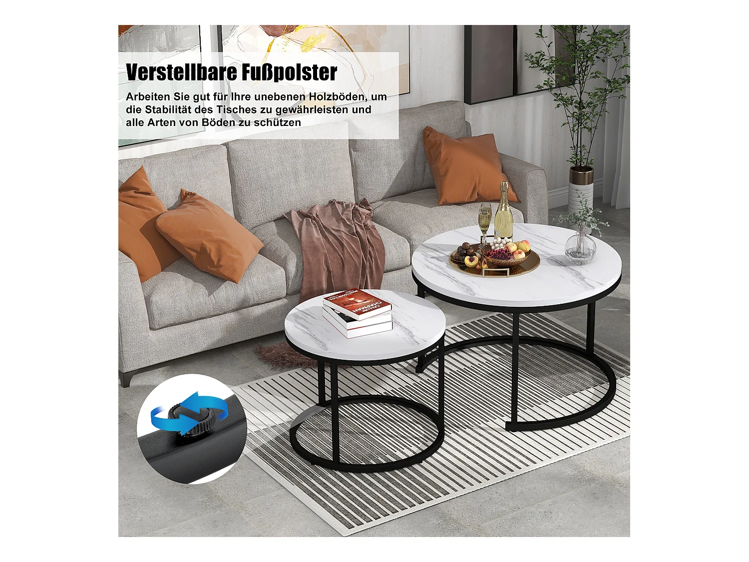 Table basse ronde 2 pièces, design emboîtable, MDF, blanc marbré (70x70x45cm / 45.5x44cm)