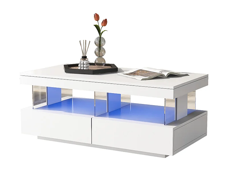 Tavolino laccato con LED, 2 cassetti, piano in acrilico, bianco (100x60x49,5cm)