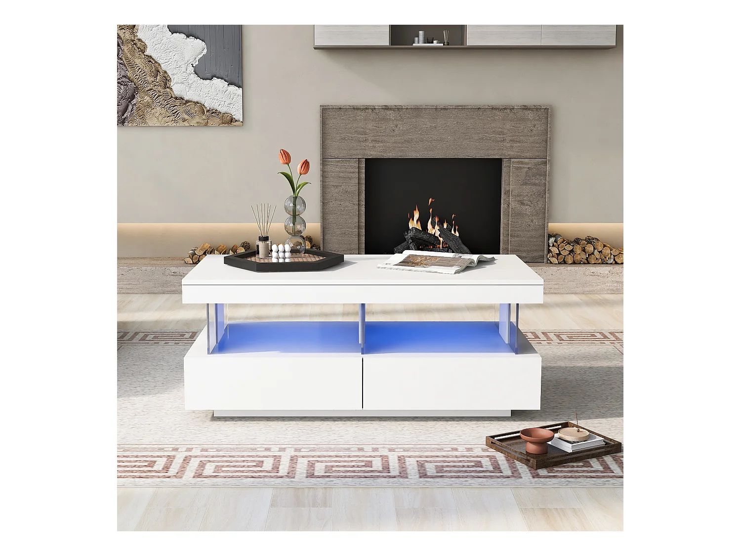 Tavolino laccato con LED, 2 cassetti, piano in acrilico, bianco (100x60x49,5cm)