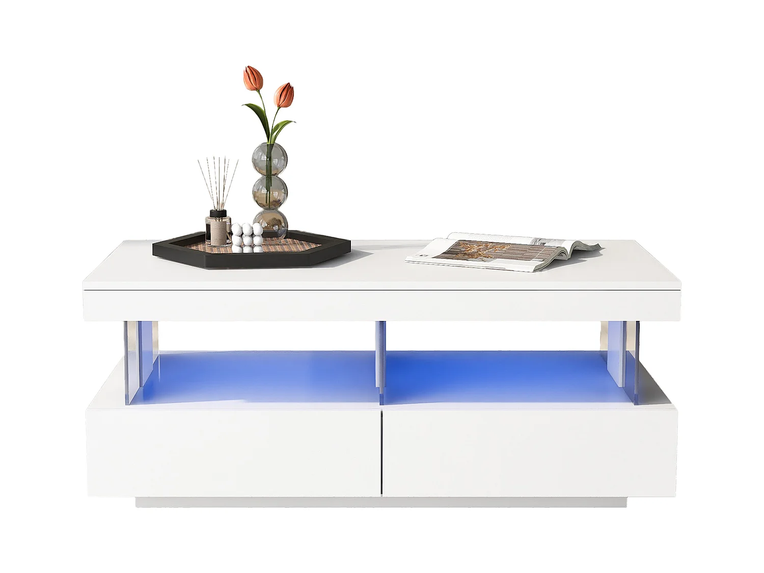 Tavolino laccato con LED, 2 cassetti, piano in acrilico, bianco (100x60x49,5cm)