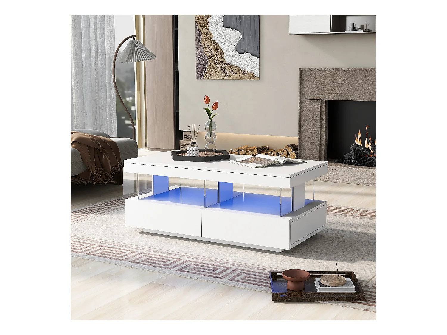 Tavolino laccato con LED, 2 cassetti, piano in acrilico, bianco (100x60x49,5cm)