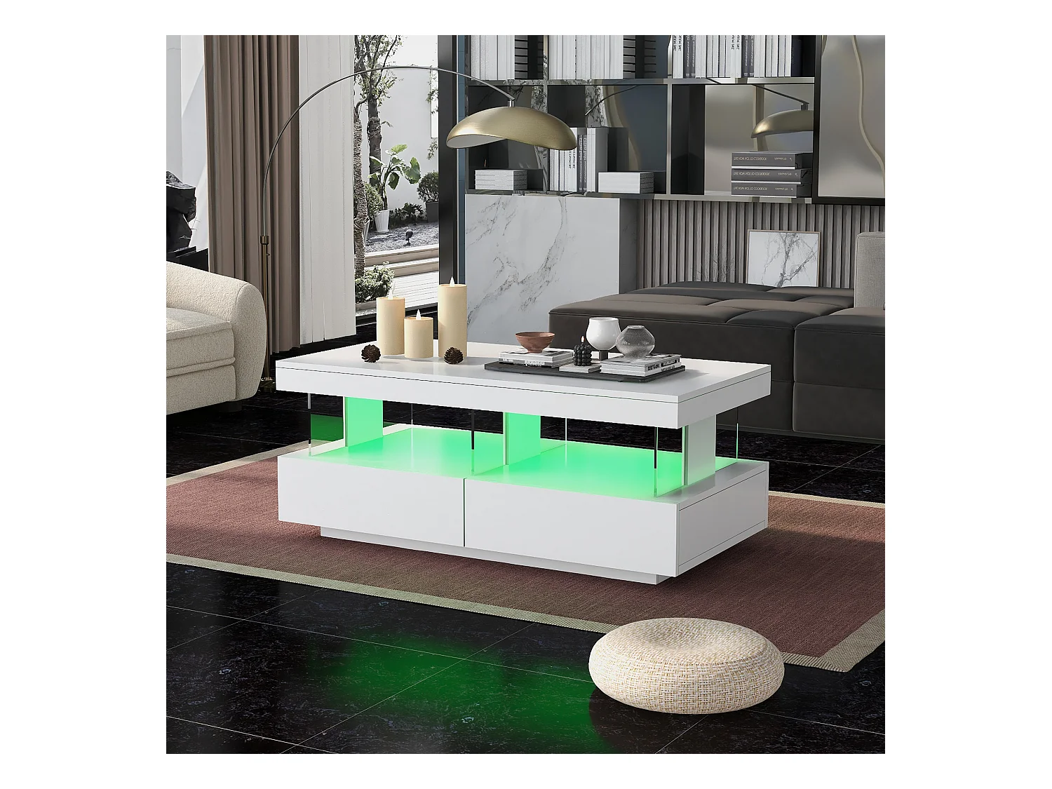 Tavolino laccato con LED, 2 cassetti, piano in acrilico, bianco (100x60x49,5cm)