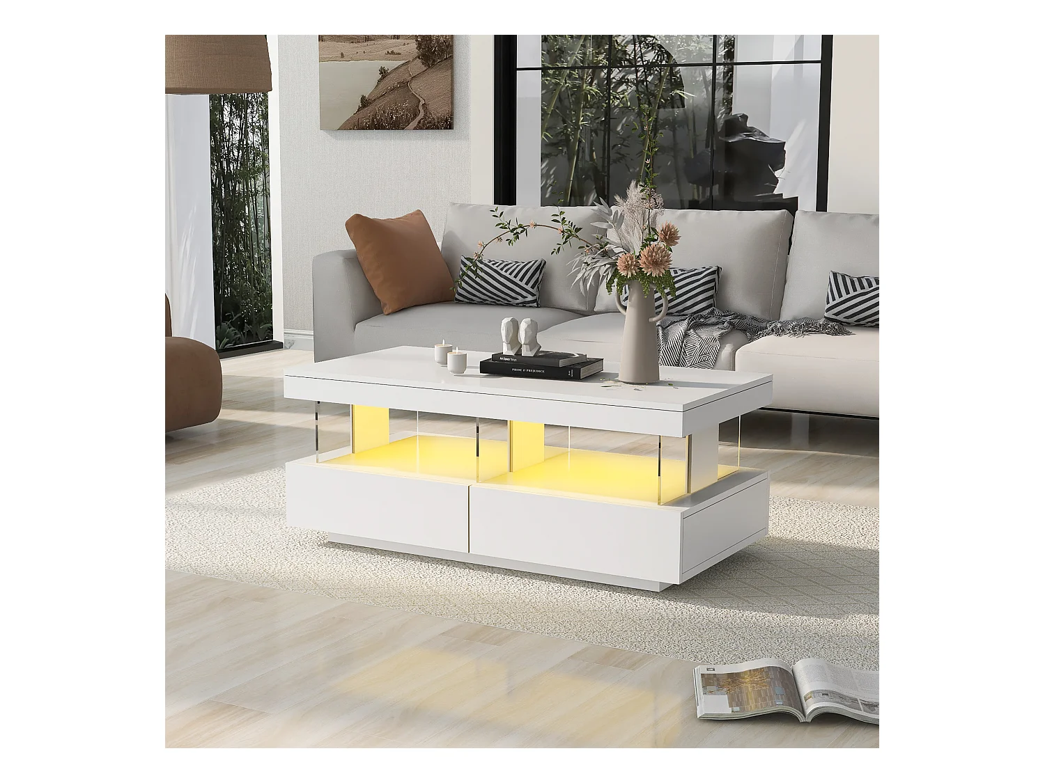Tavolino laccato con LED, 2 cassetti, piano in acrilico, bianco (100x60x49,5cm)