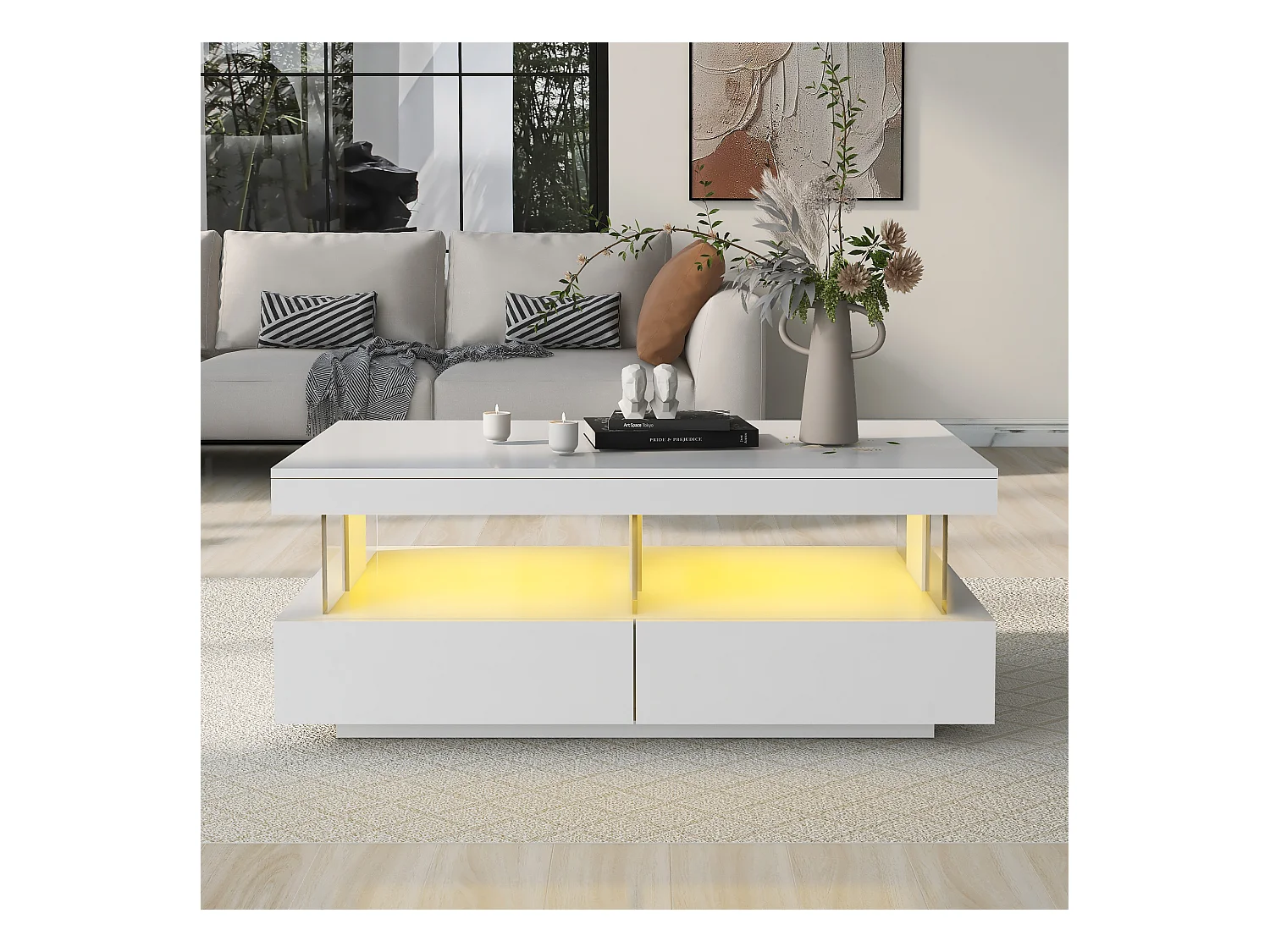 Tavolino laccato con LED, 2 cassetti, piano in acrilico, bianco (100x60x49,5cm)