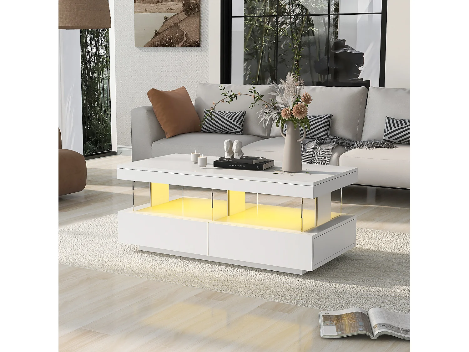 Tavolino laccato con LED, 2 cassetti, piano in acrilico, bianco (100x60x49,5cm)