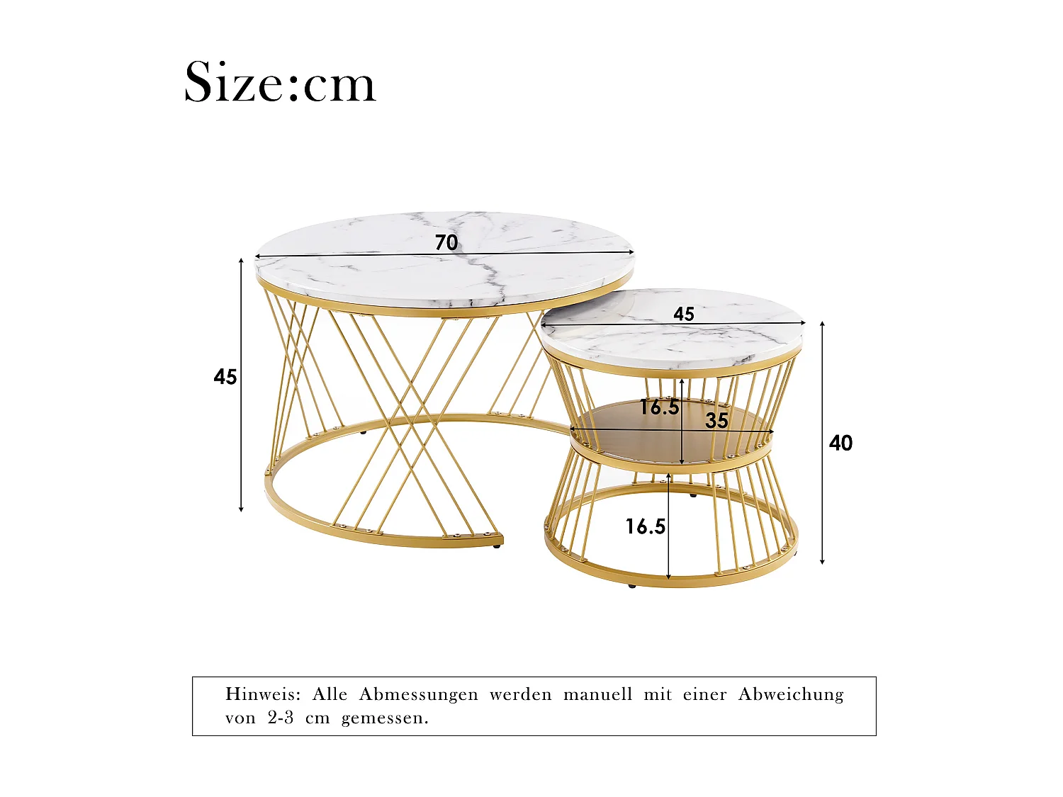 Table basse gigogne moderne laquée, MDF, blanc avec cadre doré (70x70x45+45x45x40cm)