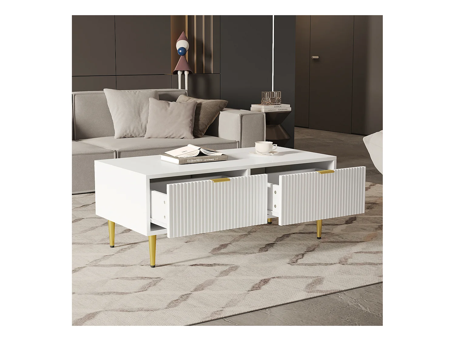 Table basse moderne avec 2 tiroirs, MDF, blanche avec accents dorés (100x50x40cm)