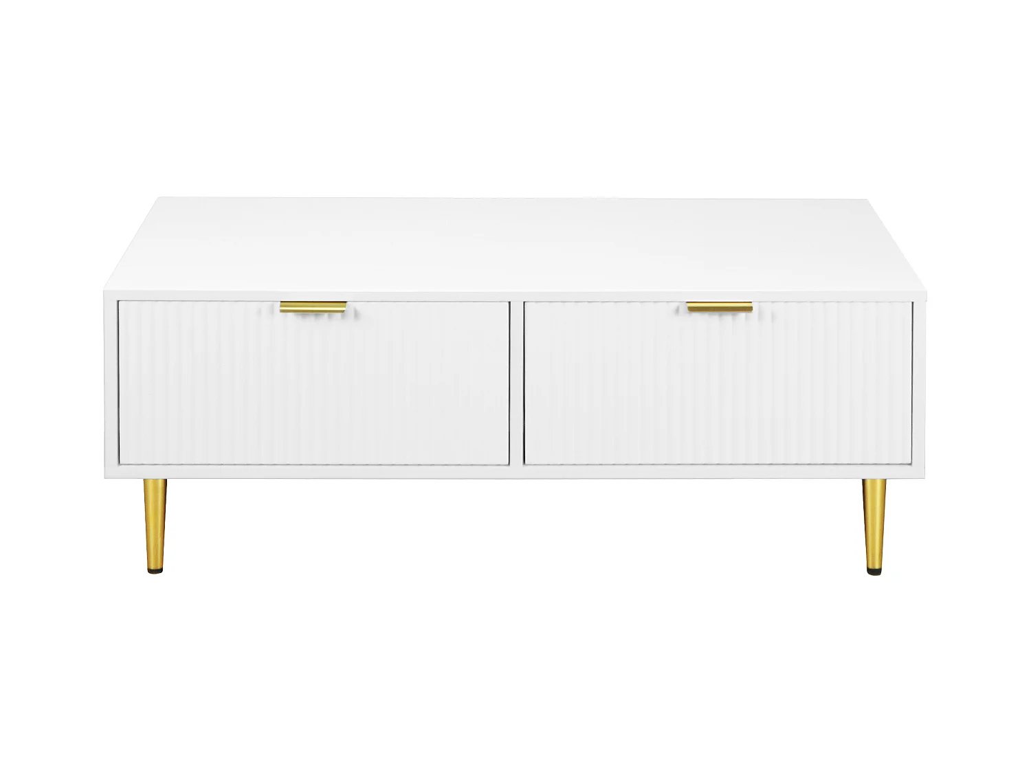 Table basse moderne avec 2 tiroirs, MDF, blanche avec accents dorés (100x50x40cm)