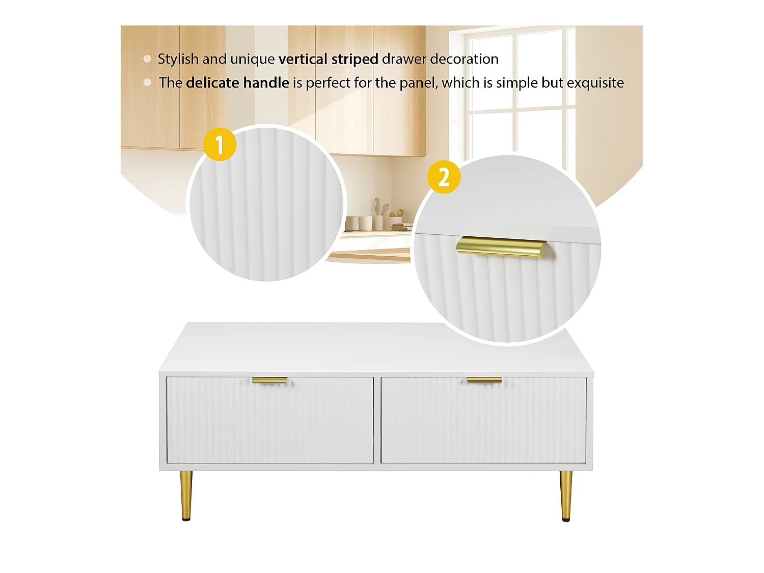 Table basse moderne avec 2 tiroirs, MDF, blanche avec accents dorés (100x50x40cm)